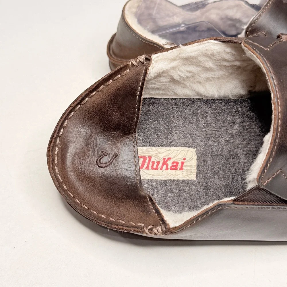 OluKai Moloa Slipper Mens 9 Dark Wood Leather Shearling Lined Loafers